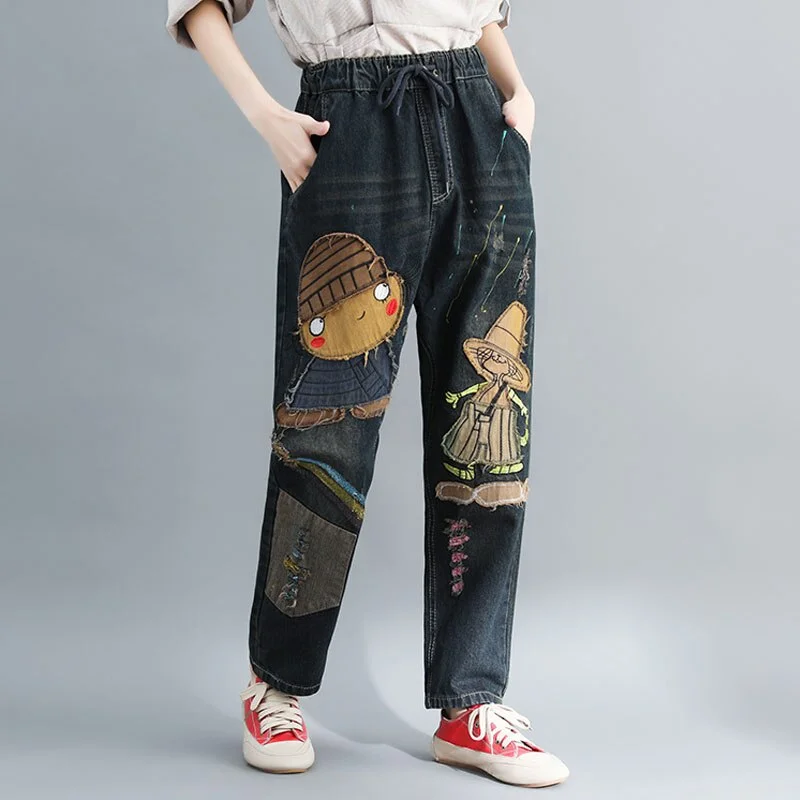 Retro Witch Patch Harem Jean Pants Women Elastic Waist Cartoon Embroidery Ripped Hole Plus Size Casual Streetwear Femme Harajuku Comfortable Stretch Fit Jeans