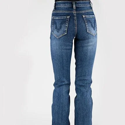 Stetson Women's No. 921 High Rise Western Flare Jean in Medium Dark Wash Stylish Shredded Denim Jeans