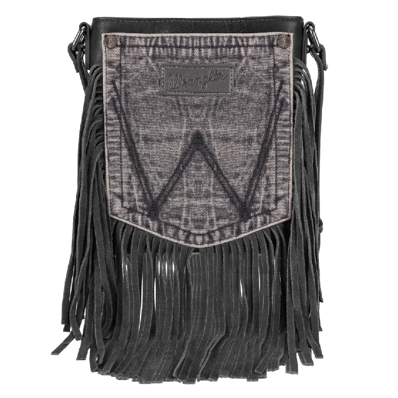 Wrangler Leather Fringe Jean Denim Pocket Crossbody - Light Black Chic Rolled Cuff Denim Jeans