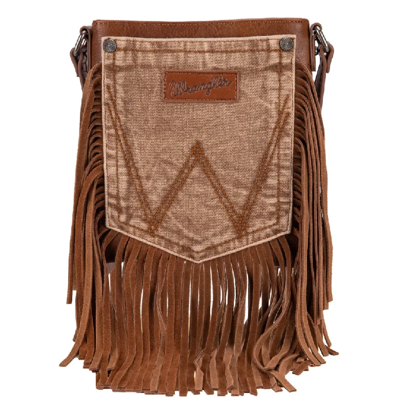 Wrangler Leather Fringe Jean Denim Pocket Crossbody - Light Brown Trendy Layered Pocket Jeans