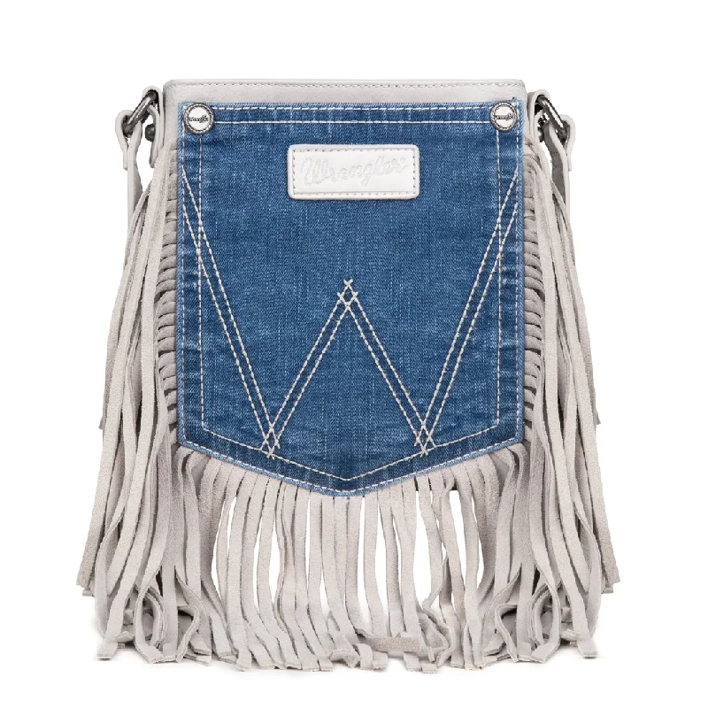 Wrangler Leather Fringe Jean Denim Pocket Crossbody - White Comfortable Folded Hem Jeans