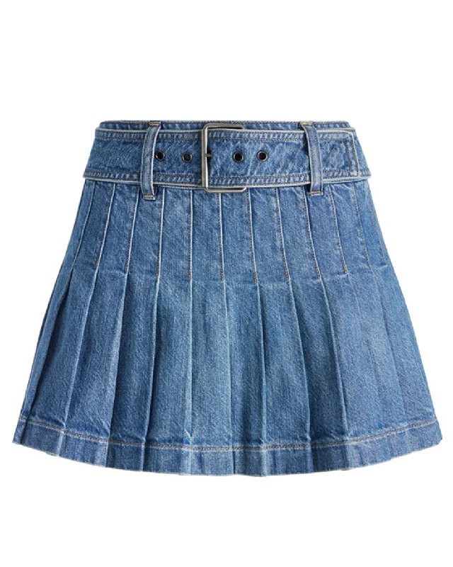 Low Rise Mera Pleated Mini Skirt in Avery Blue satin skirt smooth