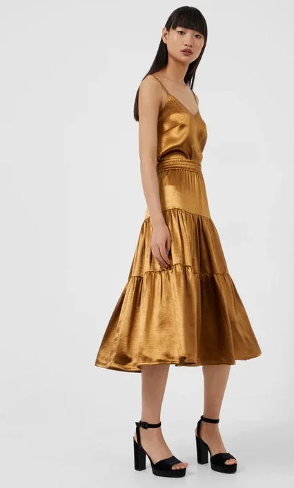 French Connection Denney Inu Satin Skirt-Gold Brown-73TNF linen skirt relaxed