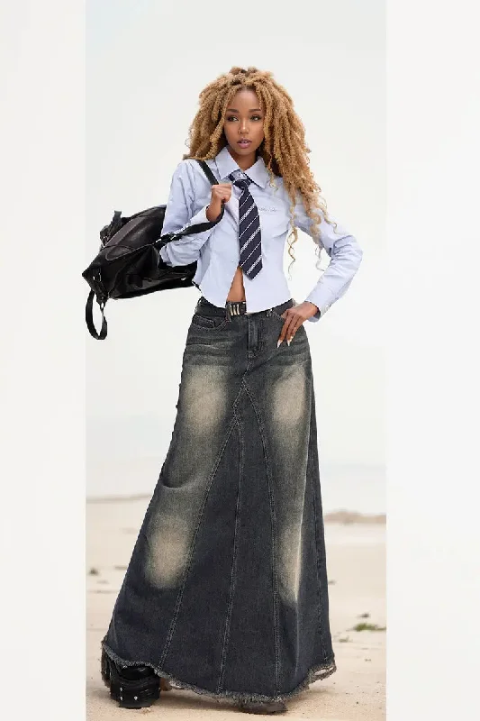 FZ Women's Vintage Washed Frayed Patchwork Sexy Long Denim Skirt leather skirt modern