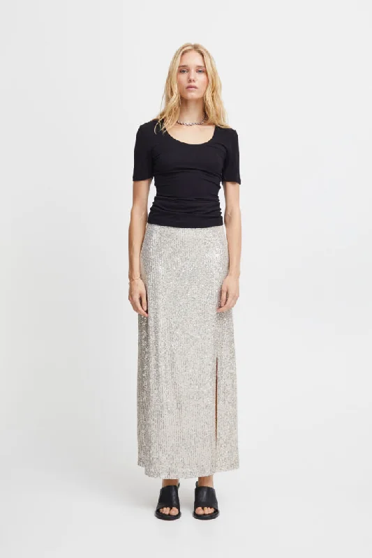 Ichi Fauci Sequinned Maxi Skirt-Frosted Almond-20120063 linen skirt airy