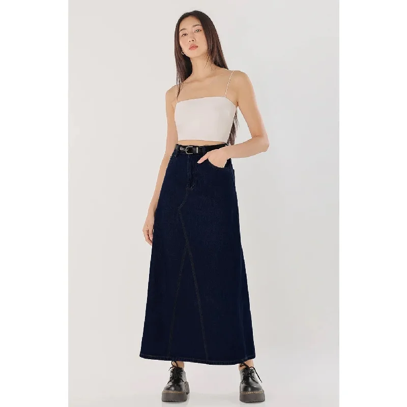 Dark Blue Long Denim Back Slit Skirts leather skirt durable