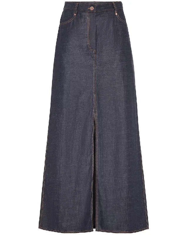 Long Front Slit Denim Skirt in Dark Wash belted skirt waist