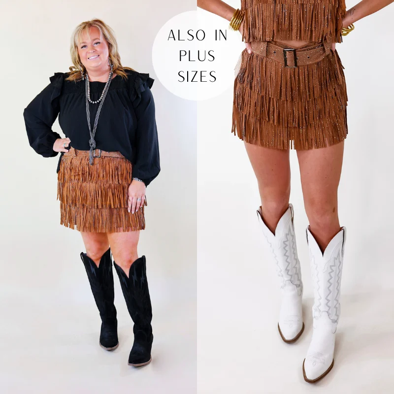 Cowboy Killer Crystal Fringe Mini Skort in Camel Brown tiered skirt playful