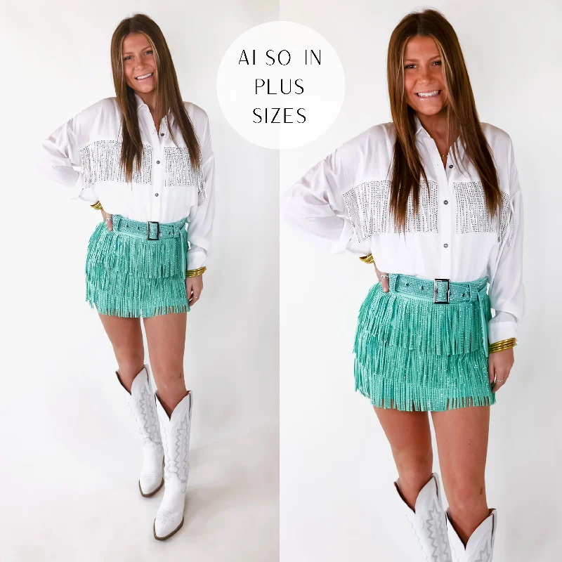 Cowboy Killer Crystal Fringe Mini Skort in Mint Green zip skirt side