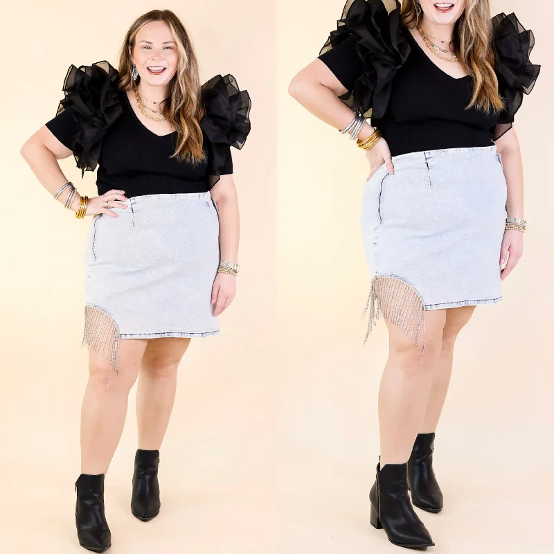 Grandest Moments Denim Mini Skirt with Crystal Fringe in Light Wash lace skirt intricate