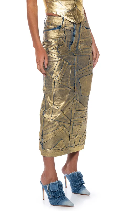 GIGI METALLIC PATCHWORK DENIM SKIRT ribbed skirt waist