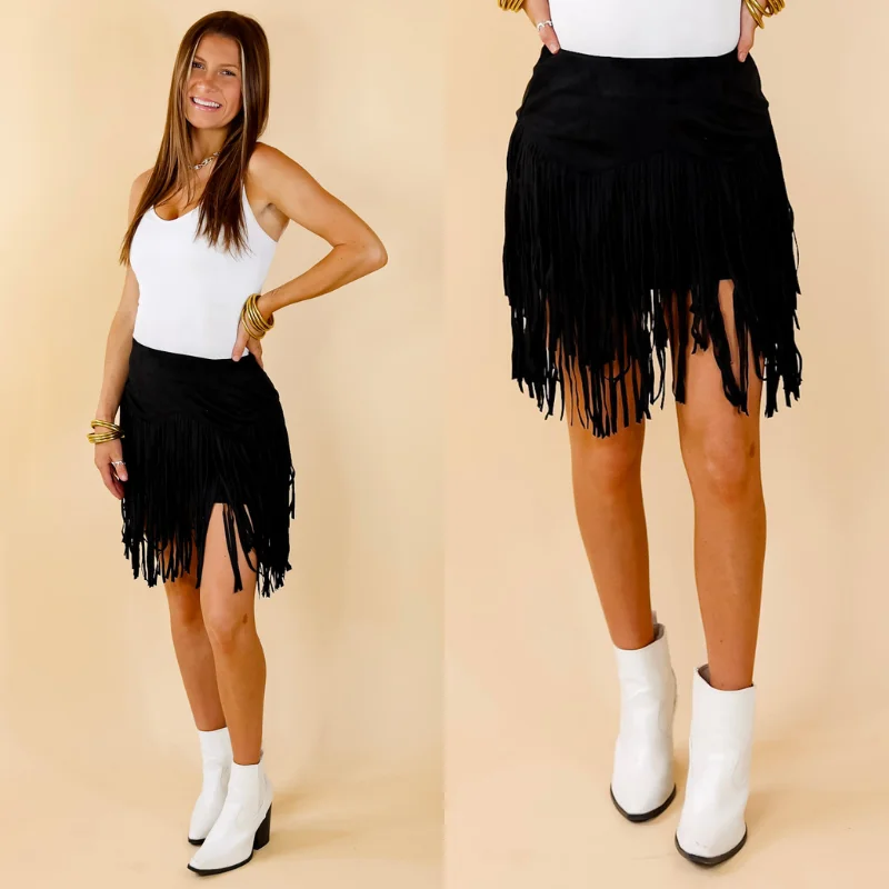 Pep Into Your Step Suede Fringe Skirt in Black midi skirt versatile