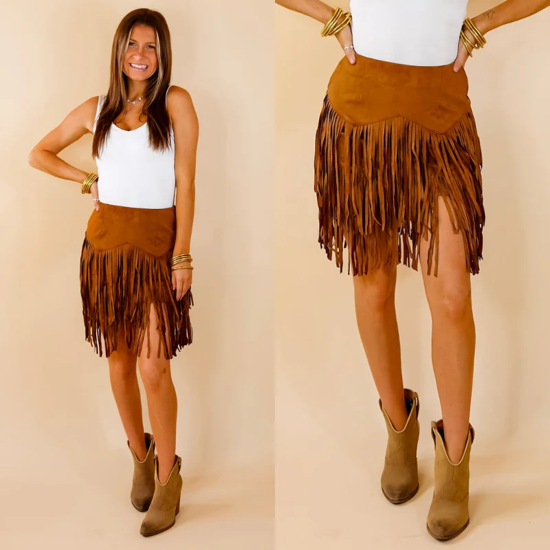 Pep Into Your Step Suede Fringe Skirt in Camel Brown high waist skirt