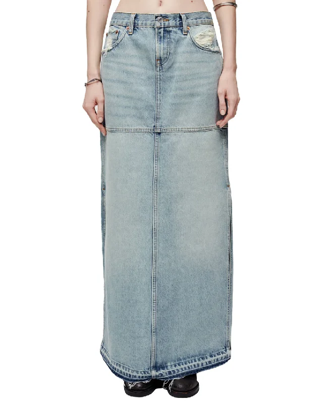 Mid Rise Denim Split Skirt in Rip Tide casual skirt length