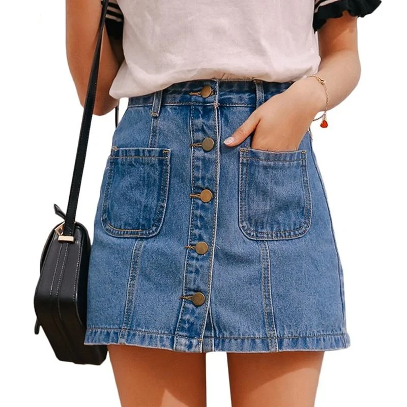 Single Button Pockets Denim Skirt maxi skirt elegant