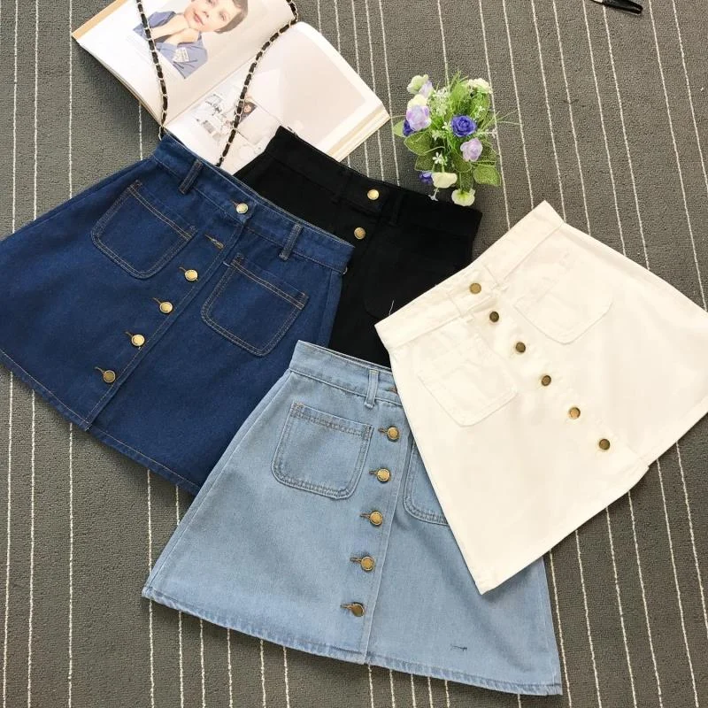 Skirt Button High Waist Denim cotton skirt soft