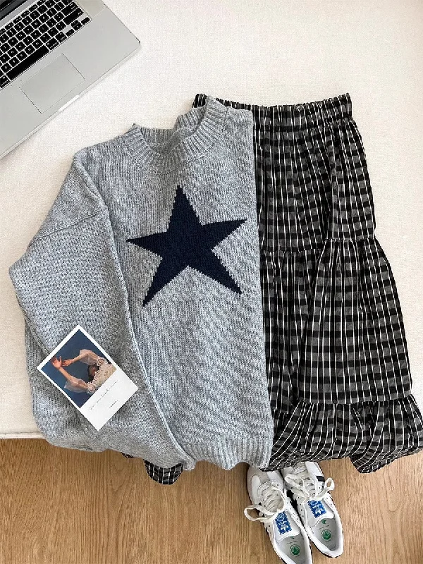 Soft round-neck star sweater plaid skirt suit   S4744 cotton skirt soft